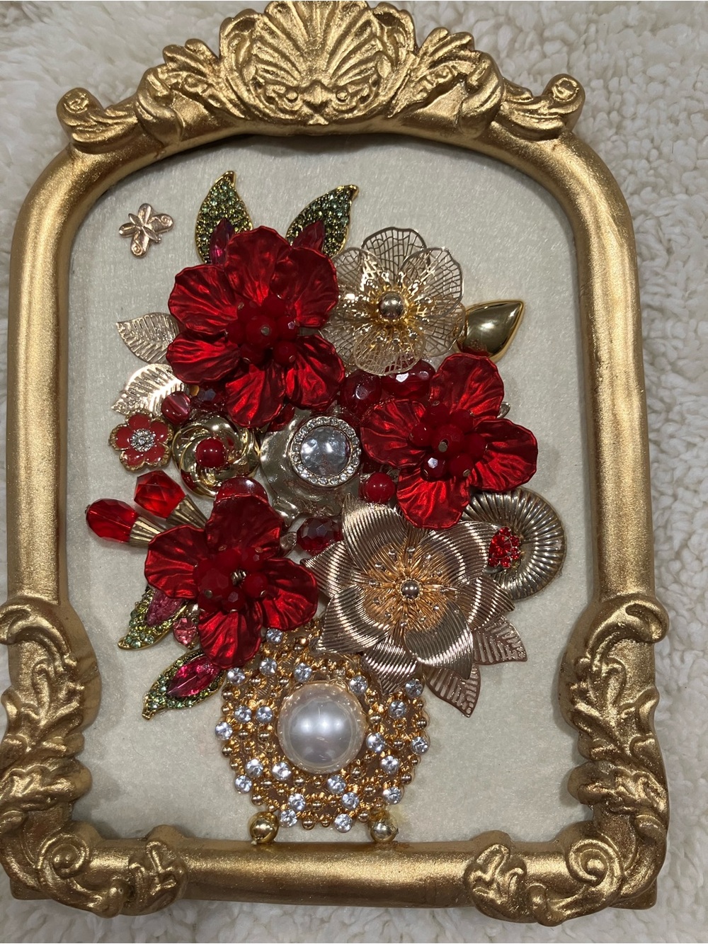 Red Floral Cluster Jewelry Art Collage with Gold Accents